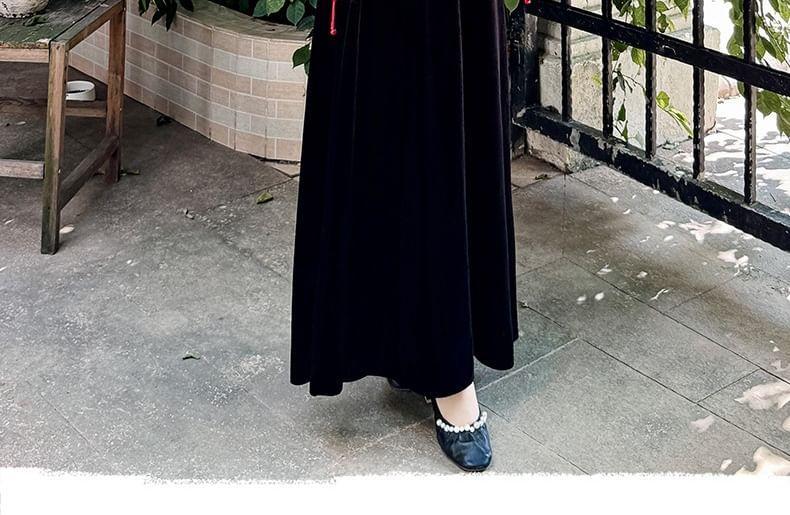 Long-Sleeve Crew Neck Floral Embroidered Top / High Rise Midi A-Line Velvet Skirt / Vest Product Image