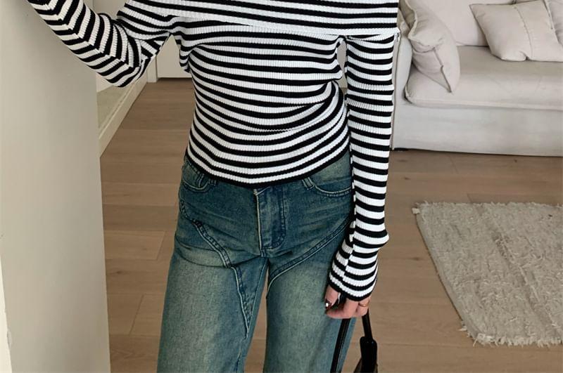 Mock Two-Piece Long-Sleeve Turtleneck Cold Shoulder Striped Knit Top Product Image