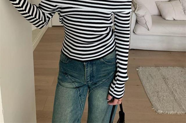 Mock Two-Piece Long-Sleeve Turtleneck Cold Shoulder Striped Knit Top Product Image