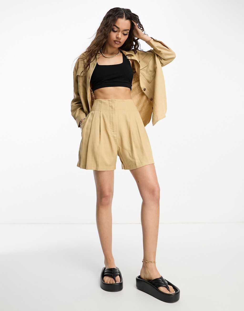 ASOS DESIGN Petite seamed waist short with linen in neutral Product Image