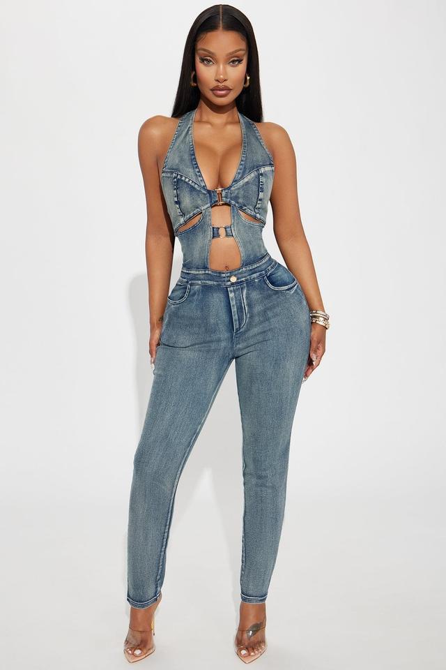 Spark The Passion Denim Jumpsuit - Medium Wash Product Image