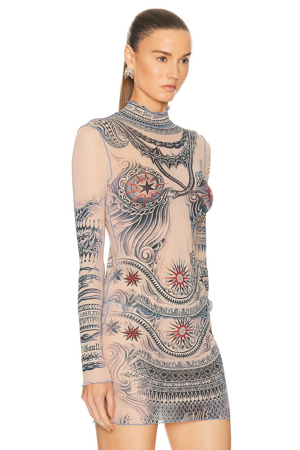 Jean Paul Gaultier Printed Soleil Long Sleeve High Neck Top in Nude Product Image