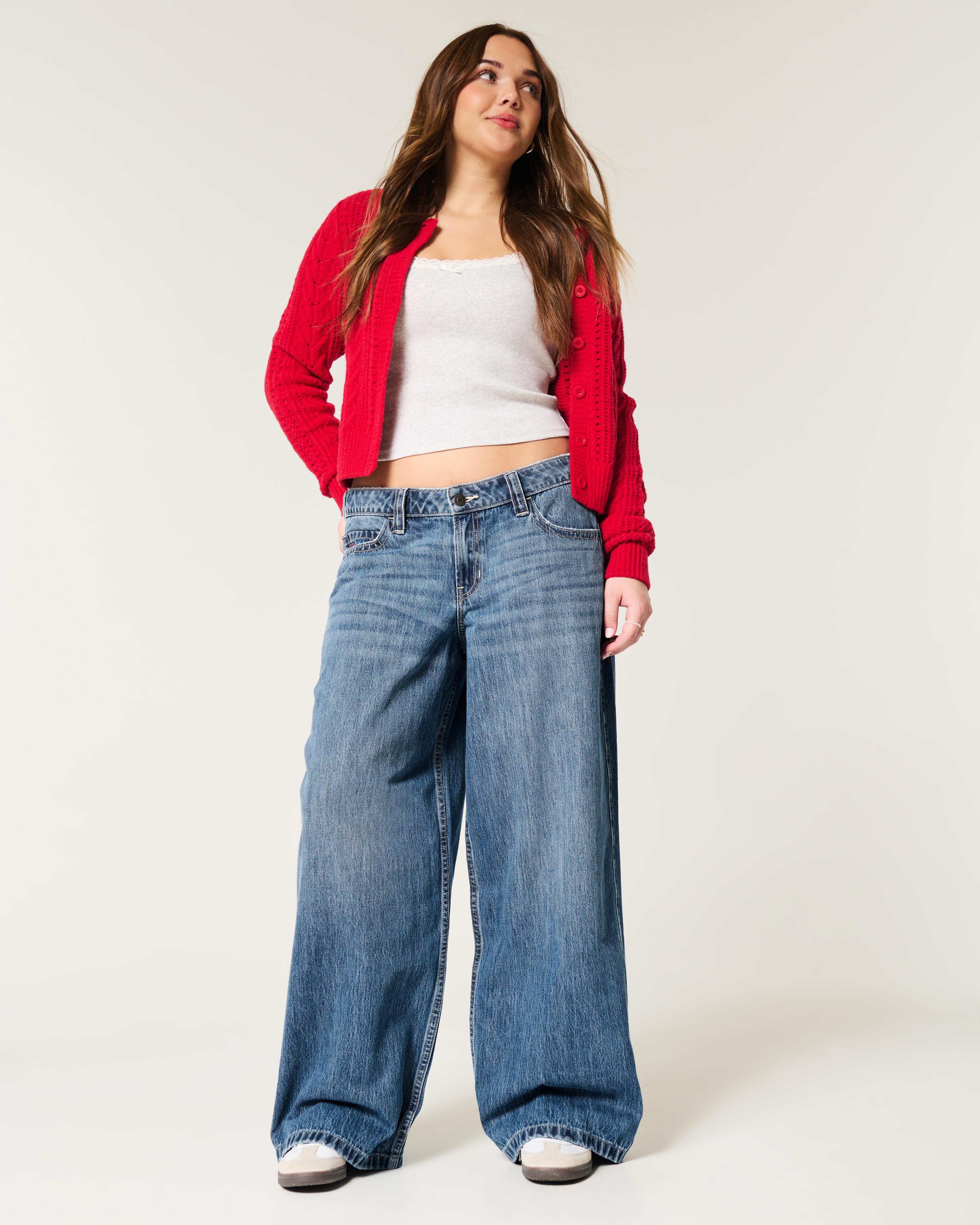 Low-Rise Medium Wash Cherry Embroidered Super Baggy Jeans Product Image