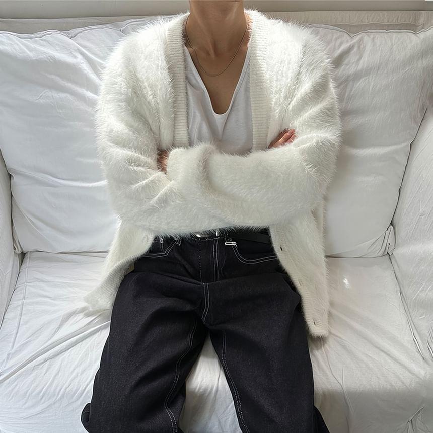 V-Neck Plain Fluffy Button-Up Cardigan Product Image