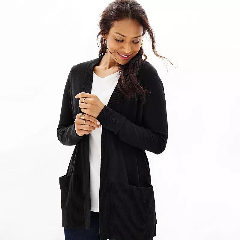 Petite Croft & Barrow Rib Open-Front Cardigan, Womens Black Product Image