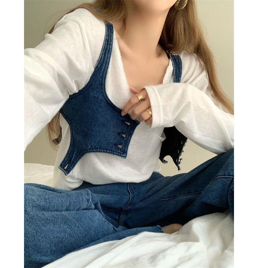 Denim Crop Button-Up Camisole Top / High Waist Washed Loose-Fit Jeans Product Image