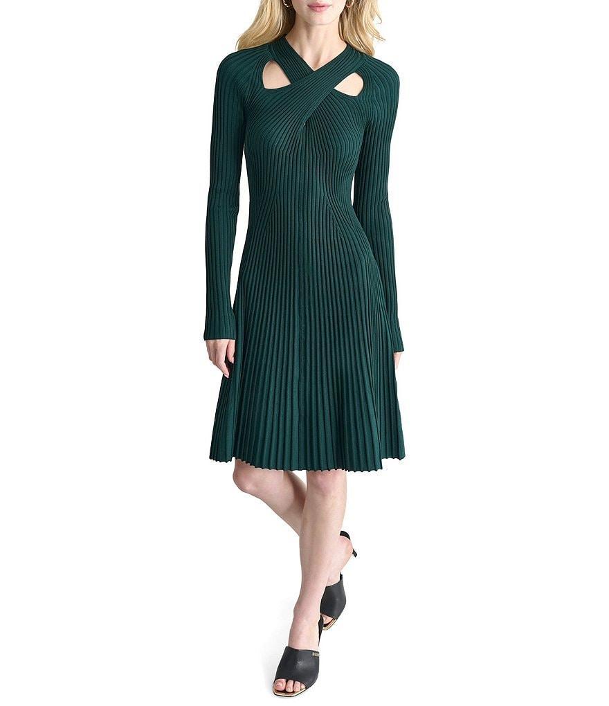 DKNY by Donna Karan Ribbed Knit Criss Cross Neck Keyhole Cut-Out Long Sleeve Fit And Flare Dress Product Image