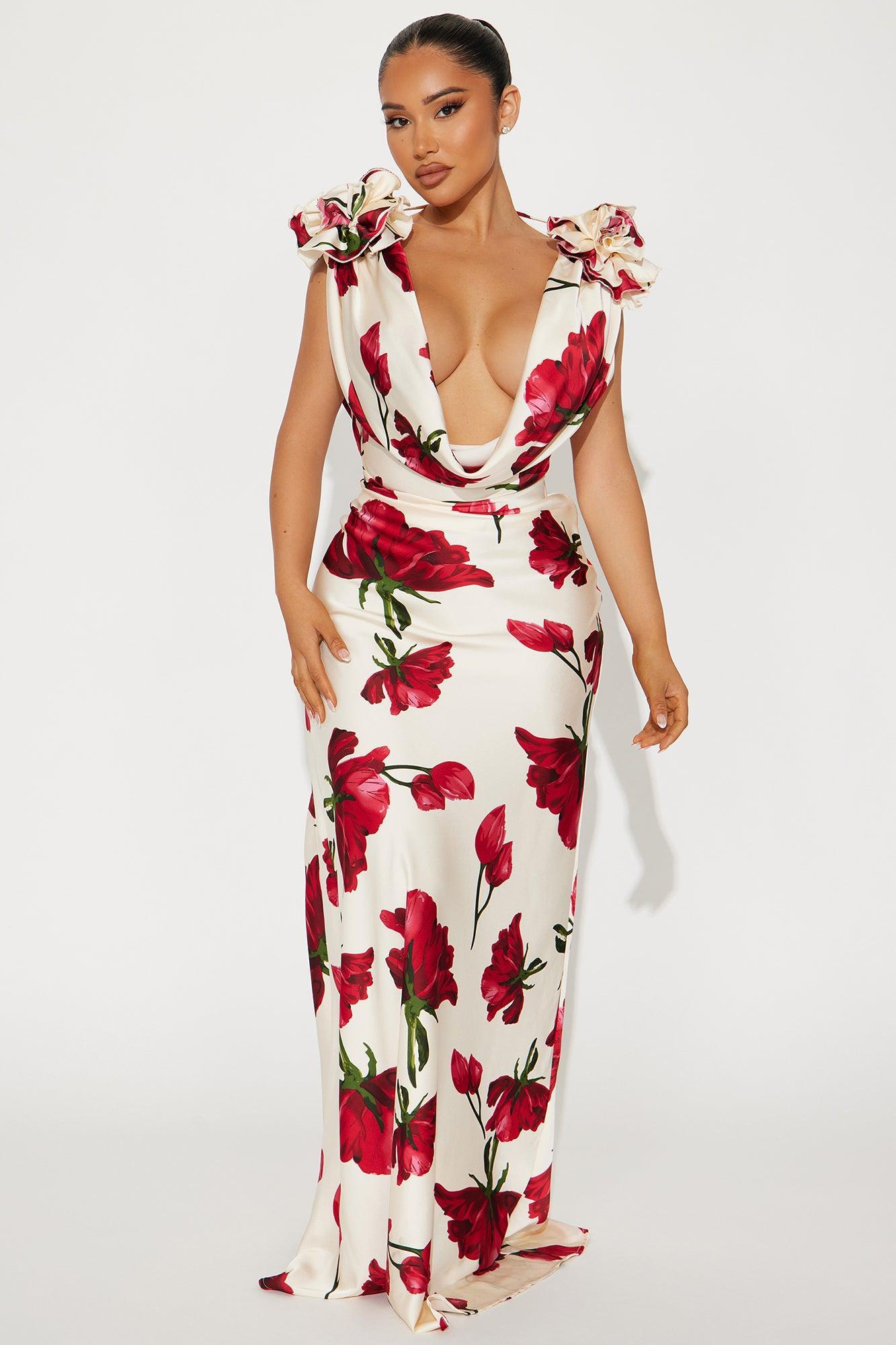 Positano Cowl Neck Floral Satin Maxi Dress - Ivory/combo Product Image