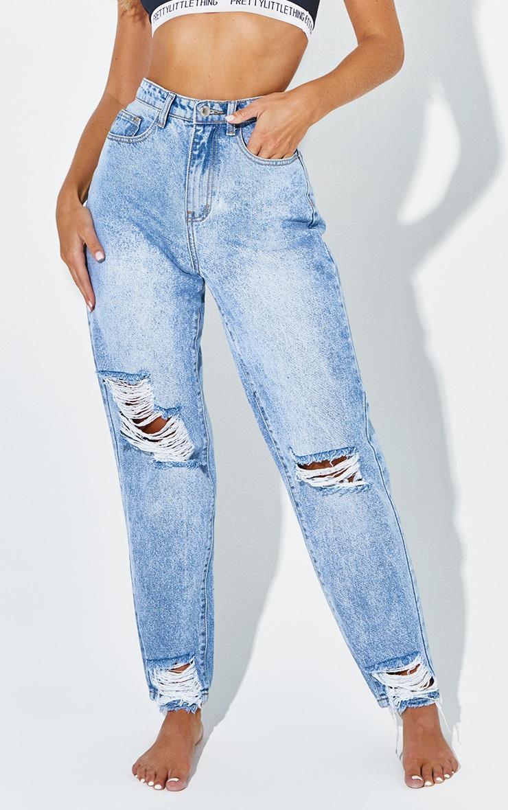 PRETTYLITTLETHING Vintage Wash Extreme Ripped Hem Knee Rip Mom Jeans Product Image