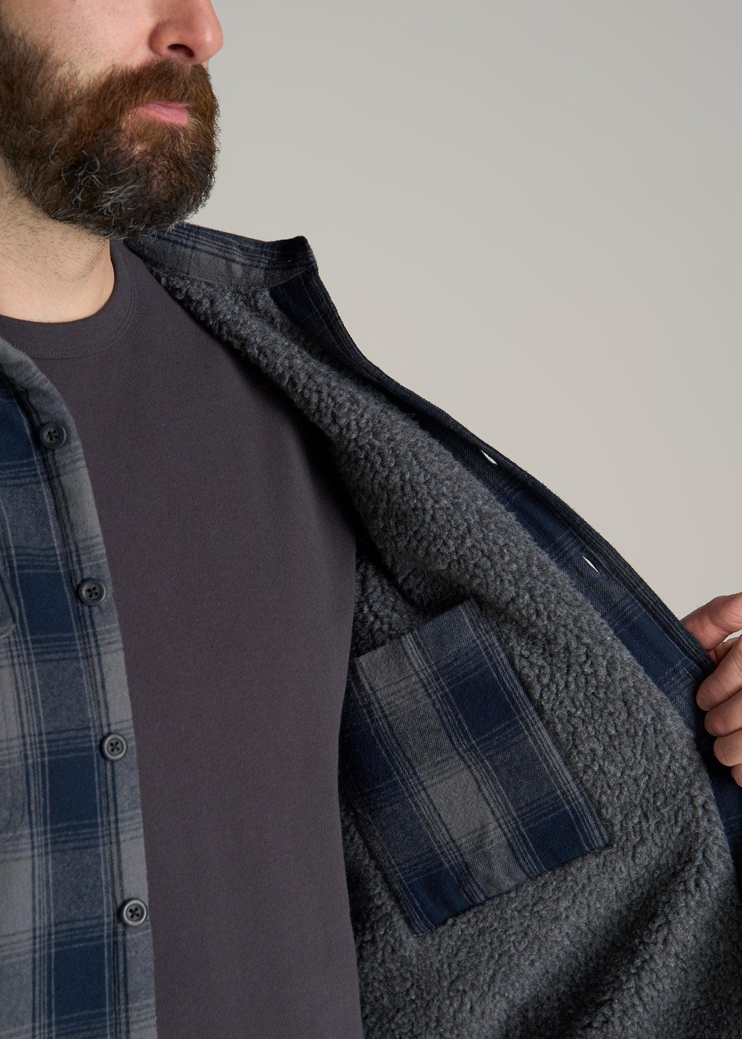 LJ&S Men's Tall Sherpa Lined Shirt Jacket in Midnight Navy & Medium Grey Plaid Product Image