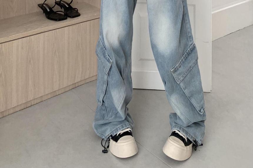 High Rise Washed Wide Leg Cargo Jeans Product Image