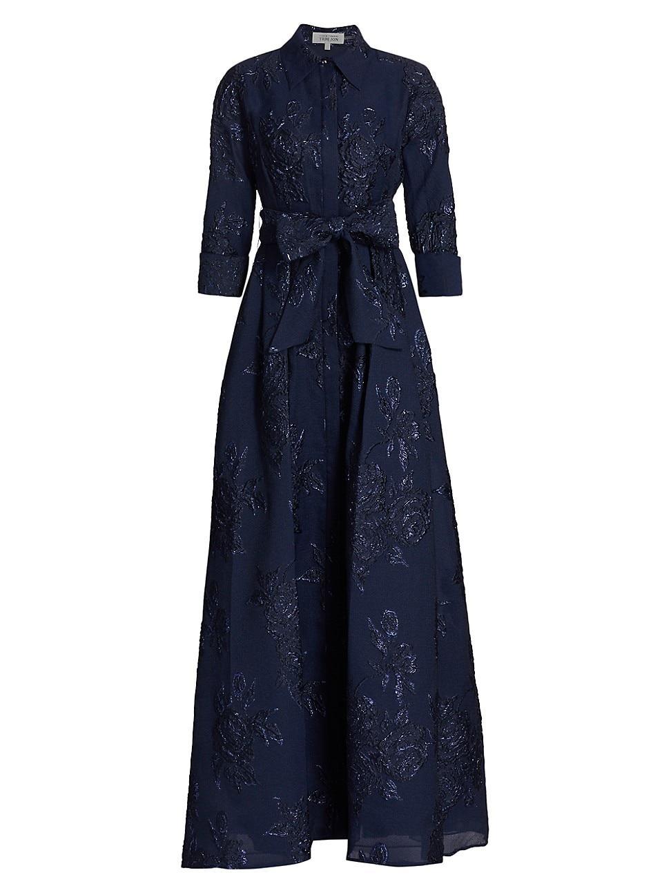 Womens Three-Quarter Sleeve Metallic Jacquard Shirt Waist Gown Product Image