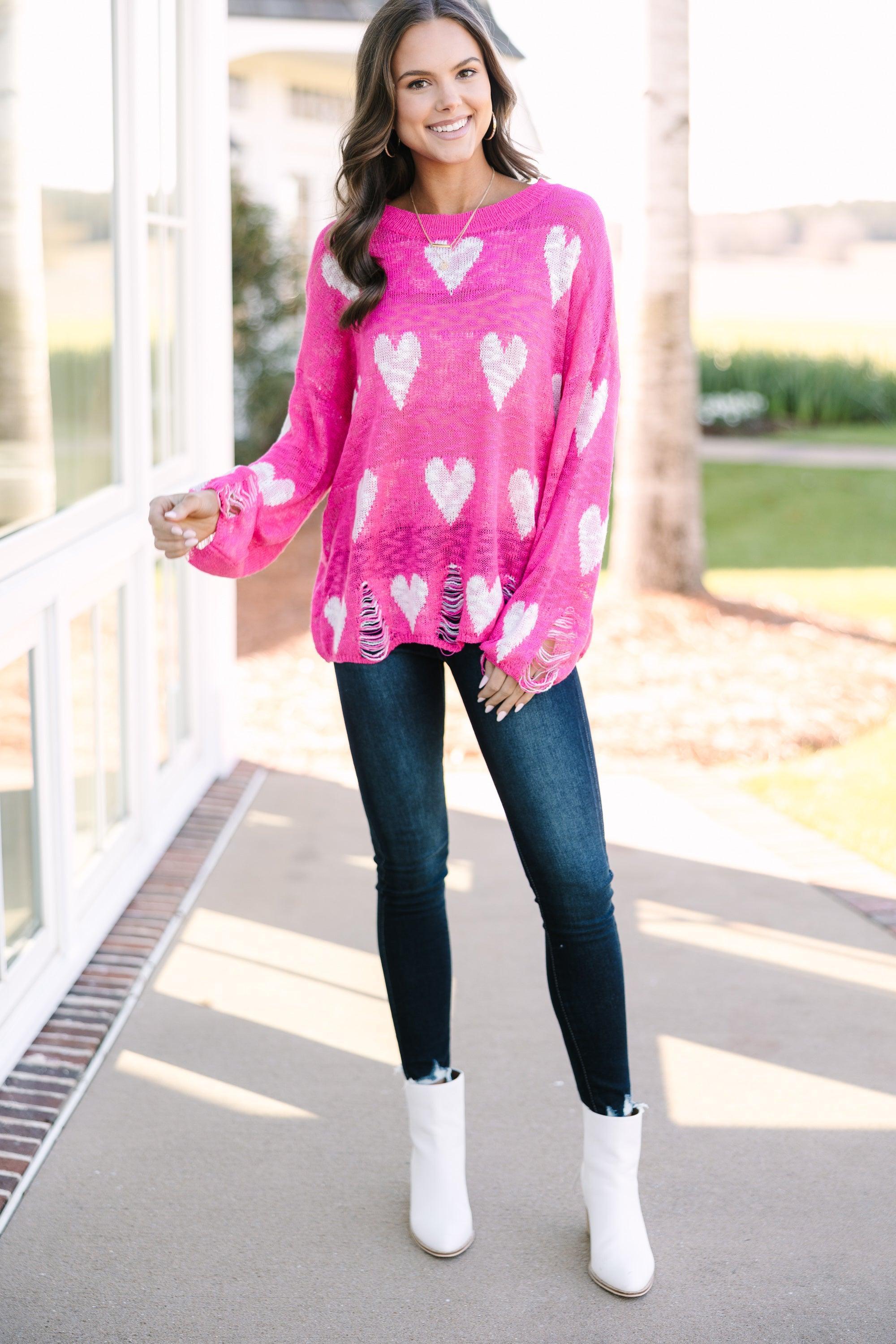 Feeling Like A Queen Fuchsia Pink Heart Print Sweater Female Product Image