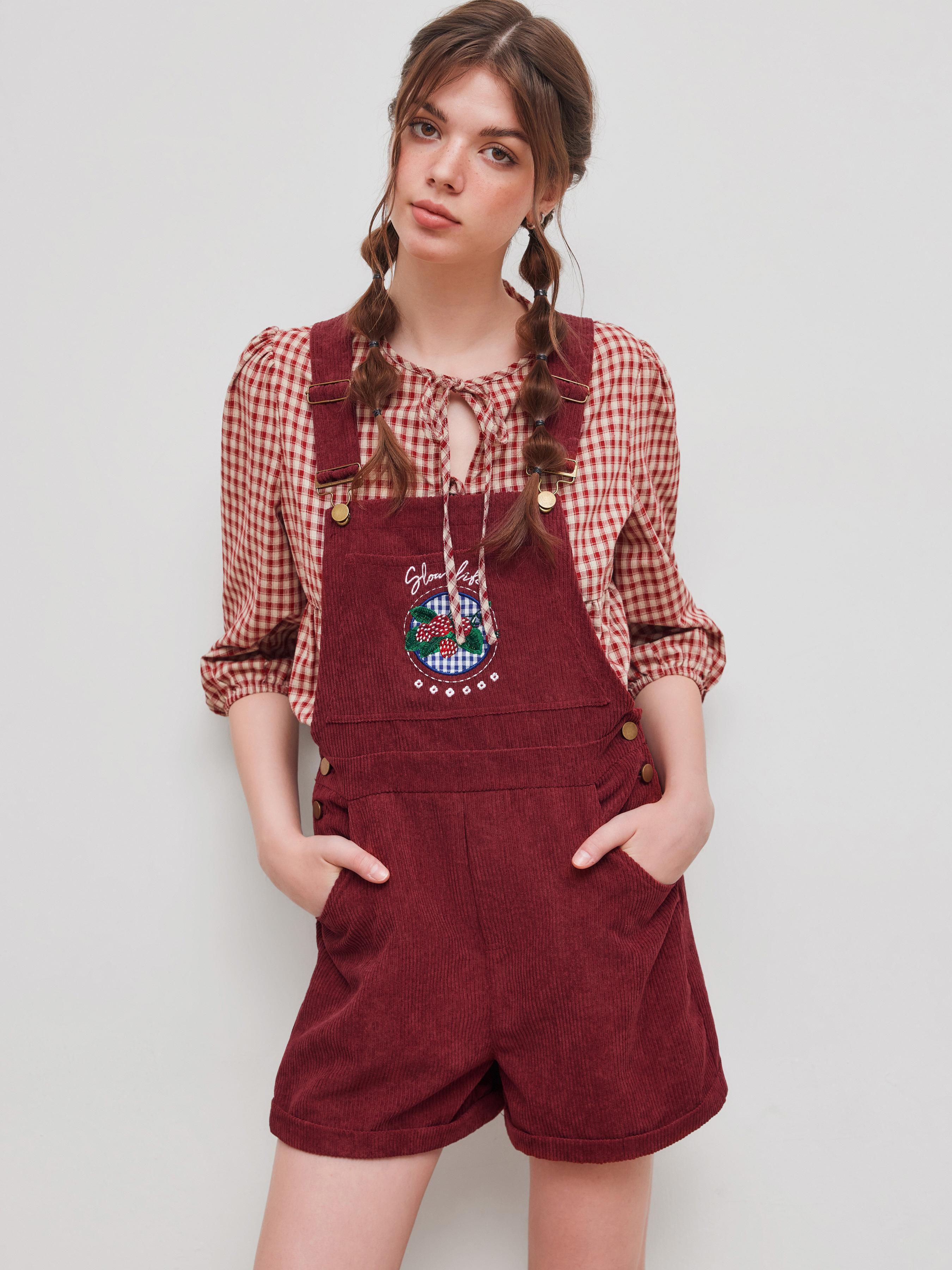 Corduroy Square Neck Gingham Strawberry Applique Buckle Up Romper Product Image