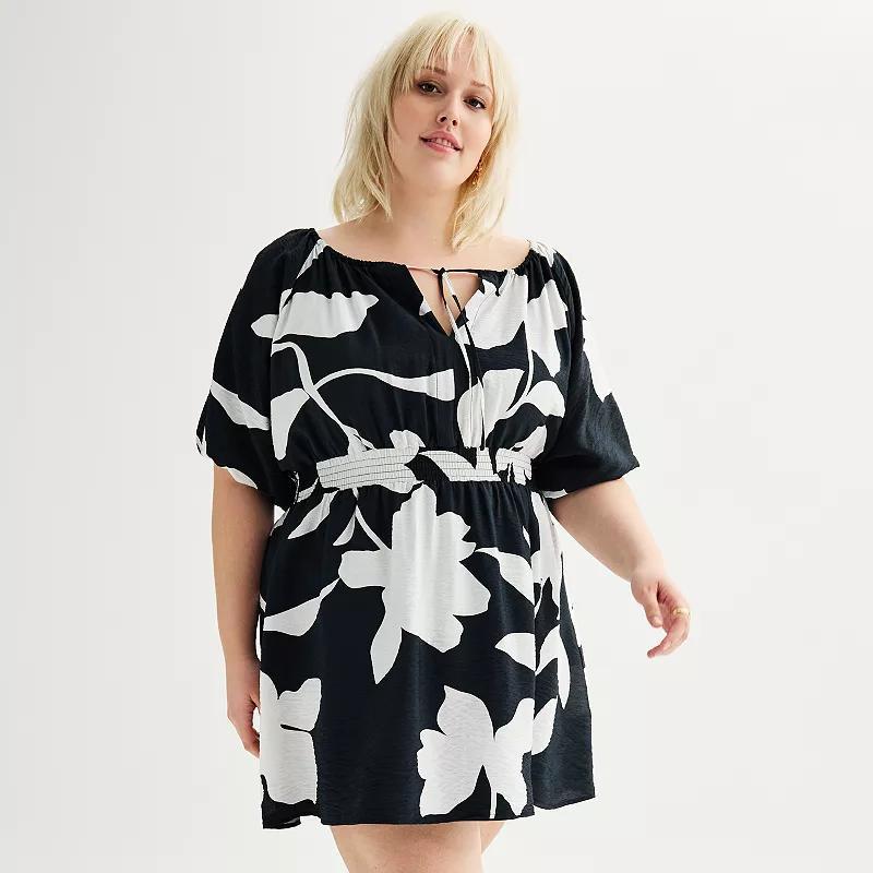 Plus Size Nine West Puff Sleeve Tie V-Neck Cinched Waist Mini Dress, Womens Product Image