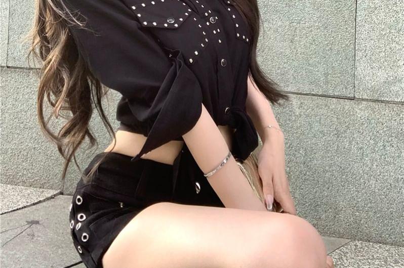 Elbow-Sleeve Studded Crop Shirt Product Image