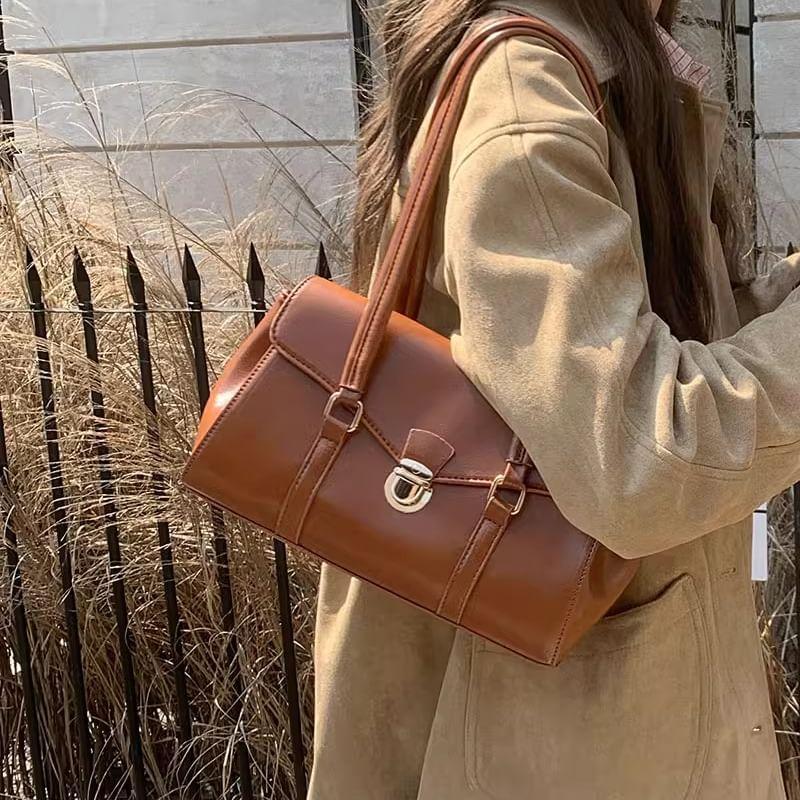 Plain Faux Leather Flap Tote Bag Product Image