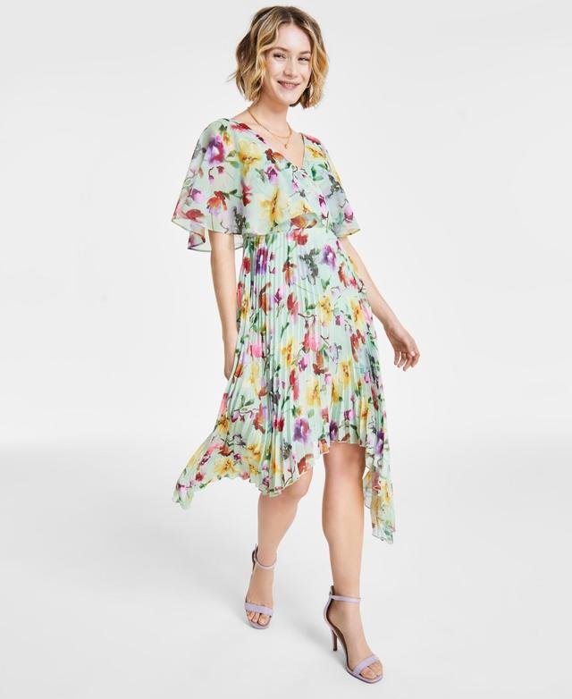 kensie Womens Pleated V-Neck Floral-Print Chiffon Dress Product Image