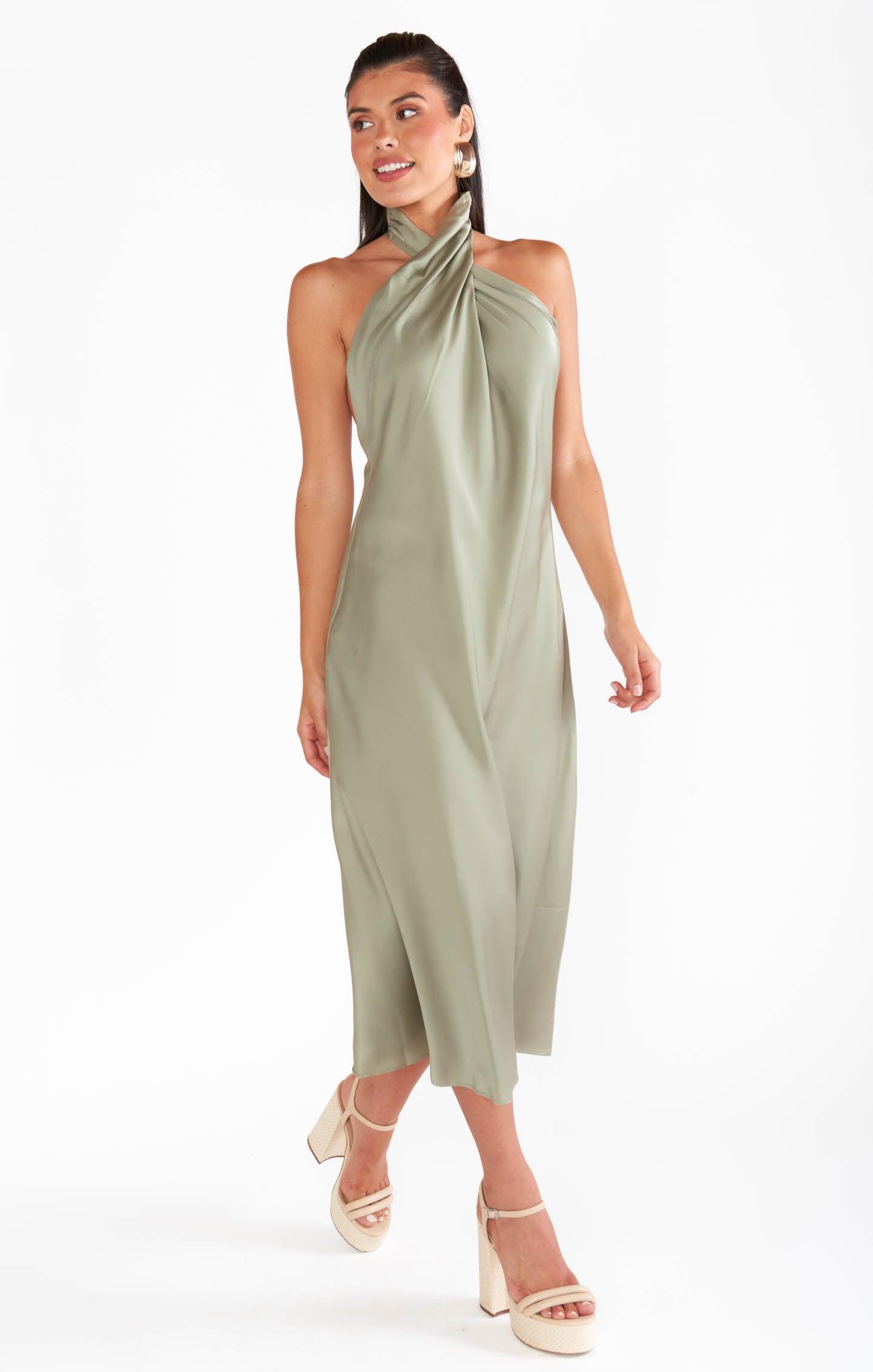 Jasmine Halter Midi Dress ~ Moss Green Luxe Satin Product Image