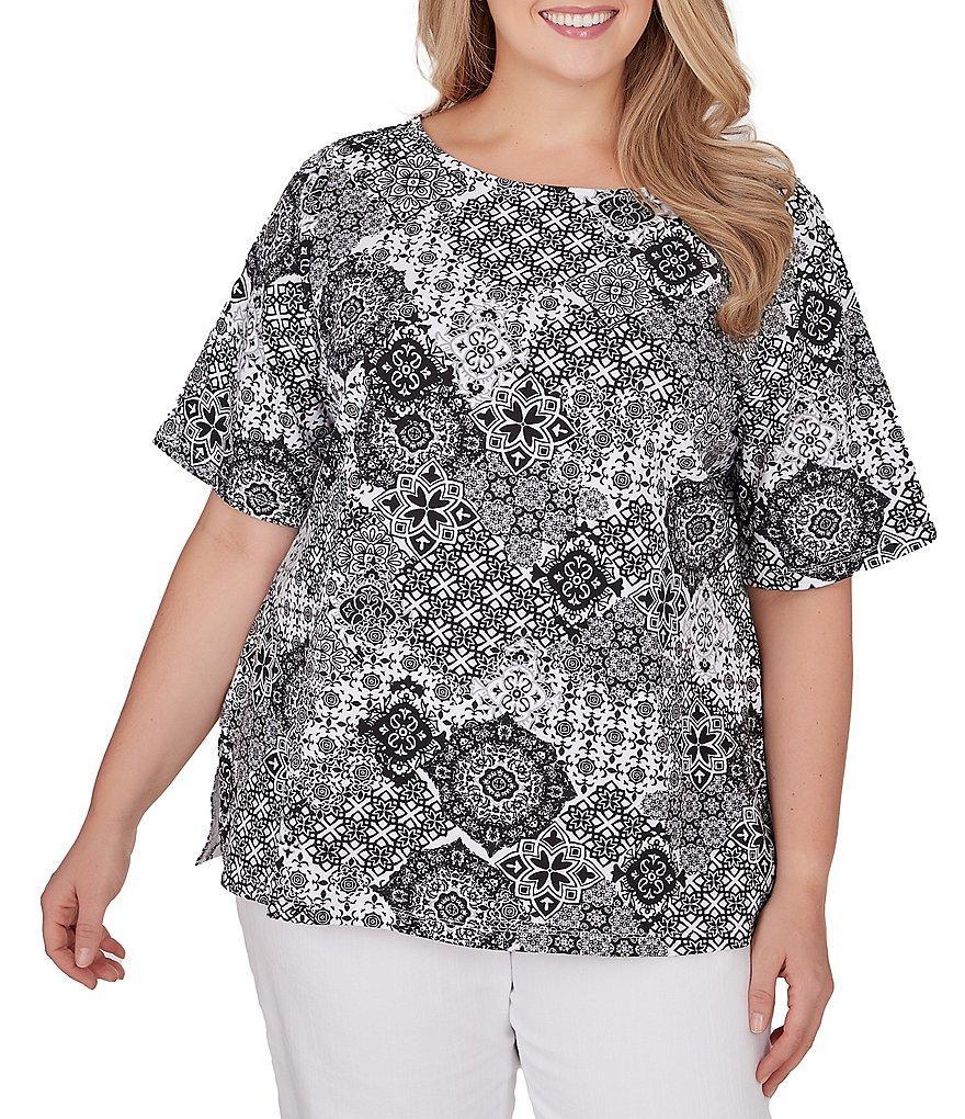 Ruby Rd. Plus Size Knit Medallion Patchwork Print Boat Neck Elbow Sleeve Side Slit Top Product Image