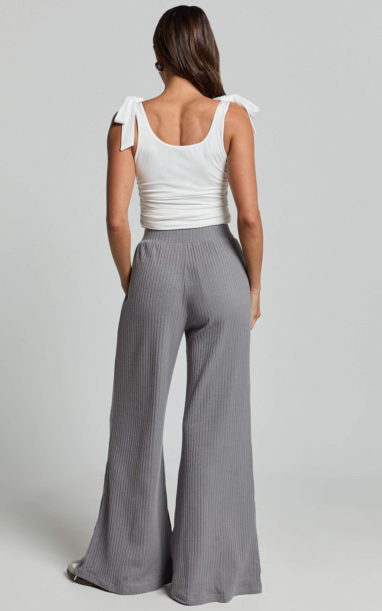 Adriana Pants - Ribbed High Waist Wide Leg Pants in Slate Grey Product Image