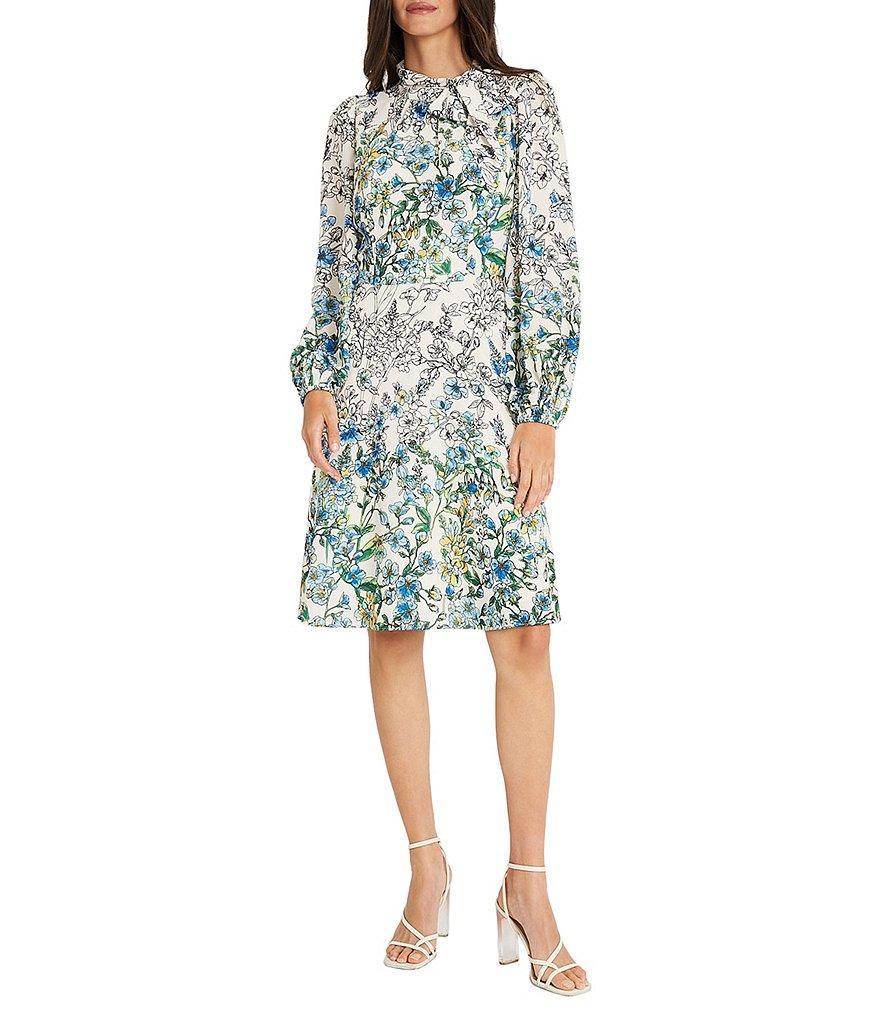 Maggy London Floral Print Tie Neck Long Sleeve A-Line Dress Product Image