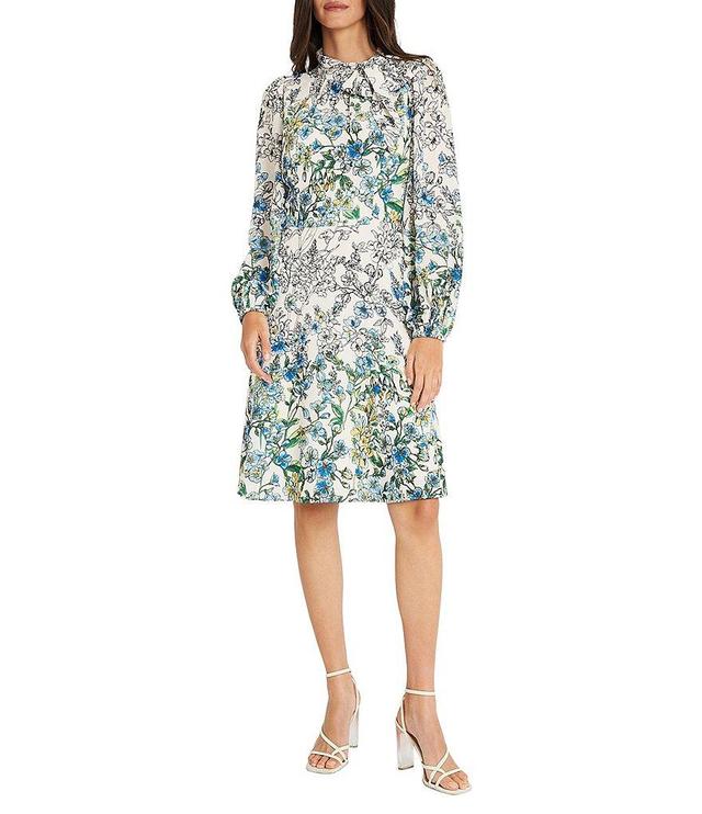 Maggy London Floral Print Tie Neck Long Sleeve A-Line Dress Product Image