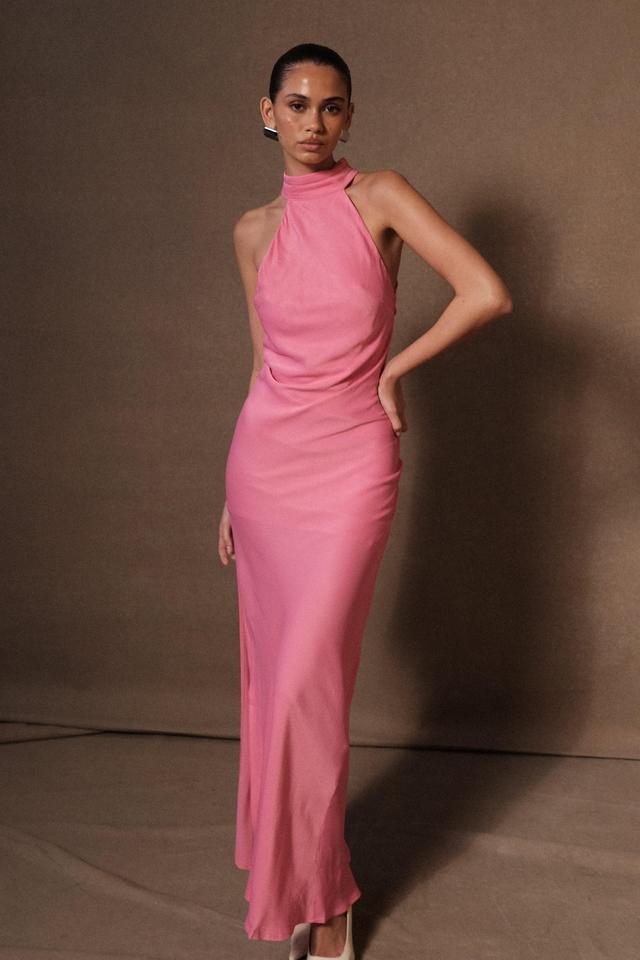 Claire Satin Drape Back Maxi Dress with Split - Pink Product Image