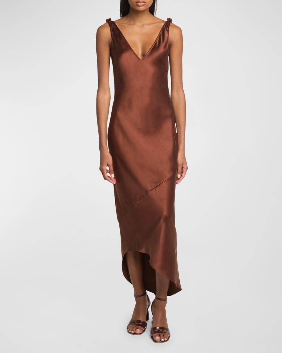 V-Neck Satin Asymmetric Midi Dress Product Image