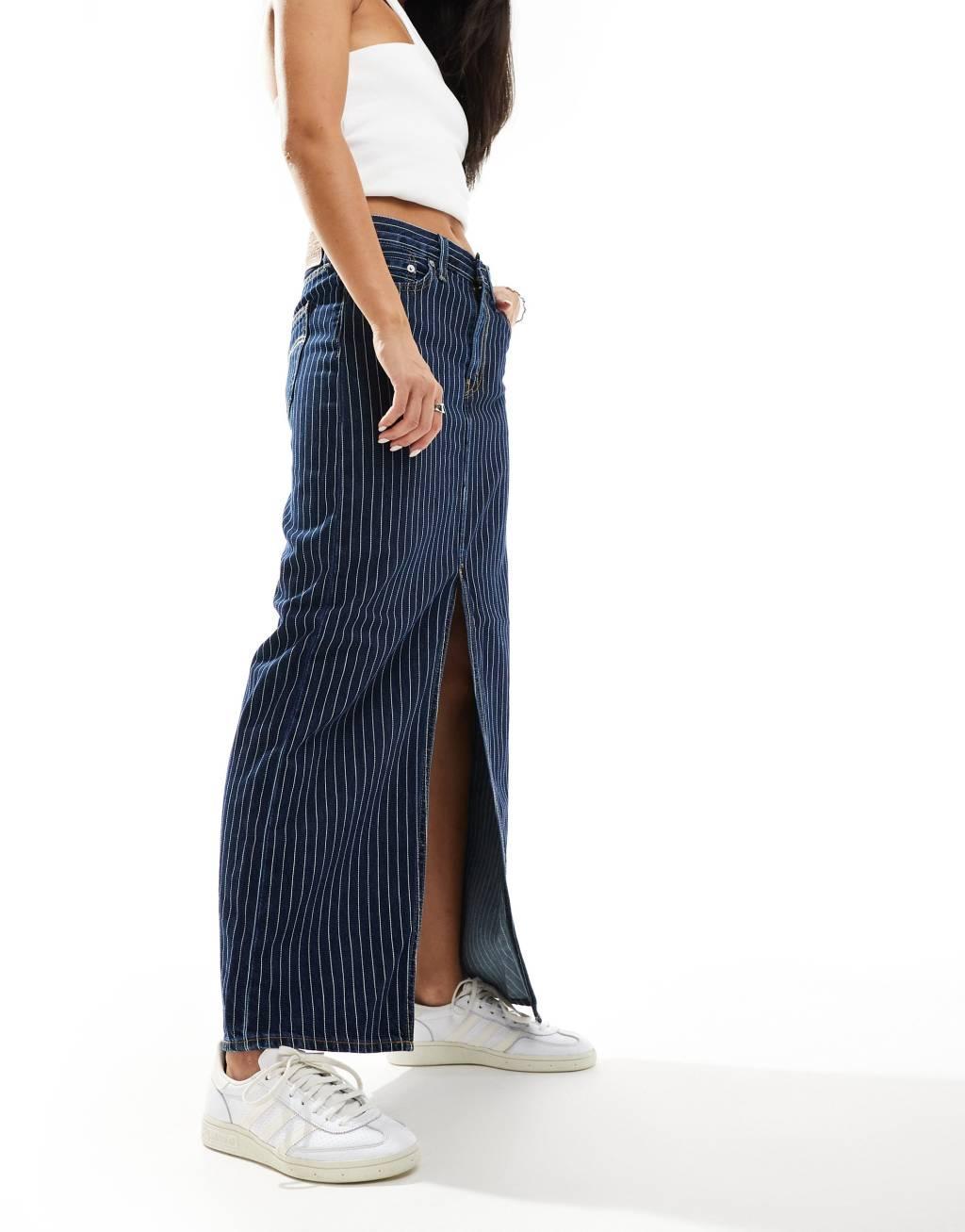 Levi's ankle column stripe denim skirt in dark blue Product Image