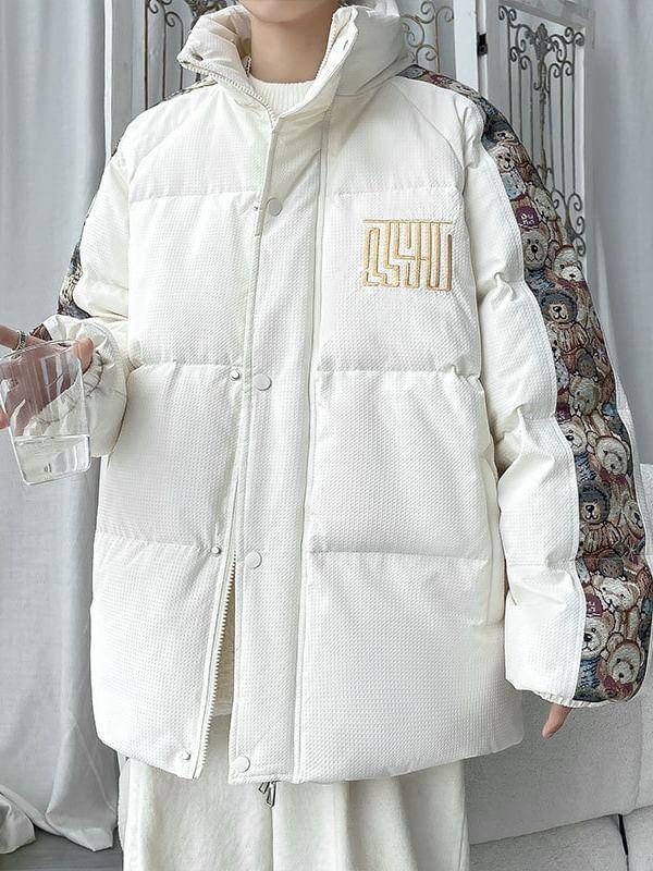 Hooded Print Panel Button-Up Puffer Jacket Product Image