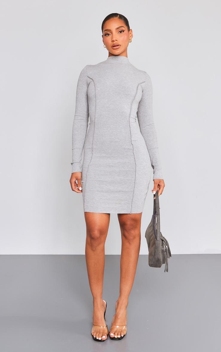 Grey Ribbed Long Sleeve Seam Detail Bodycon Dress Product Image