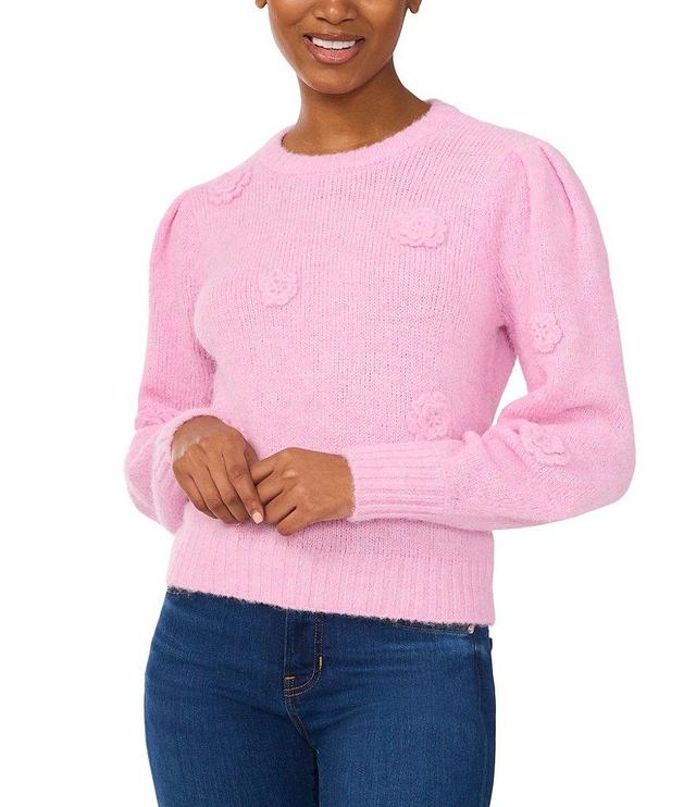 CeCe Knit Crew Neck Long Sleeve 3D Flower Sweater Product Image