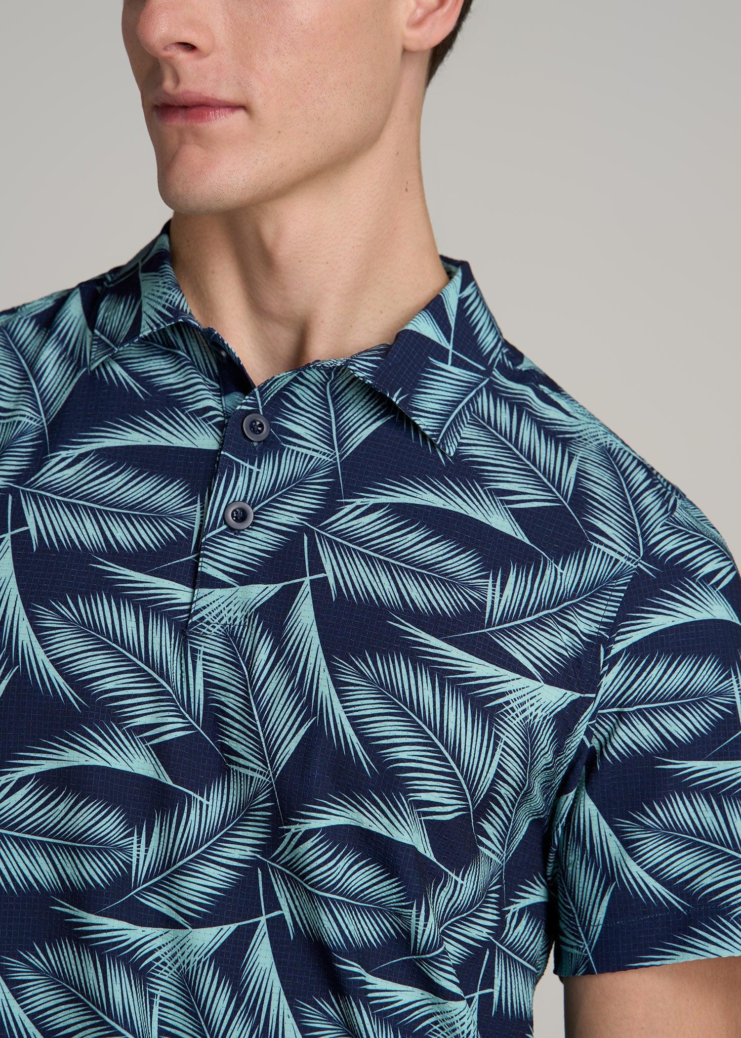 Coastal Perforated Tall Men's Polo Shirt in Navy and Aqua Palms Product Image