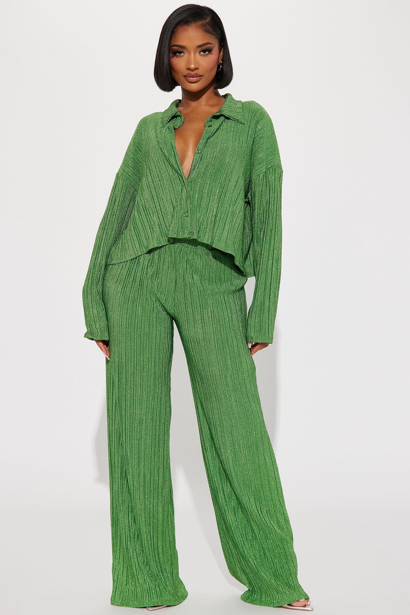 Nichole Metallic Plisse Pant Set - Green Product Image