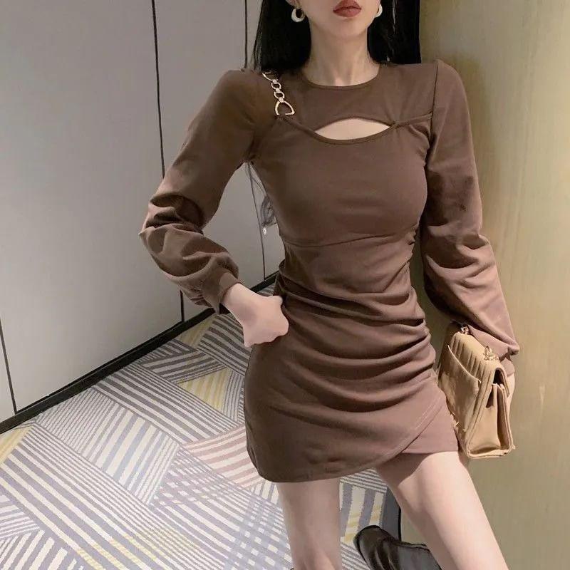 Long-Sleeve Crew Neck Plain Cutout Asymmetrical Mini Sheath Dress Product Image