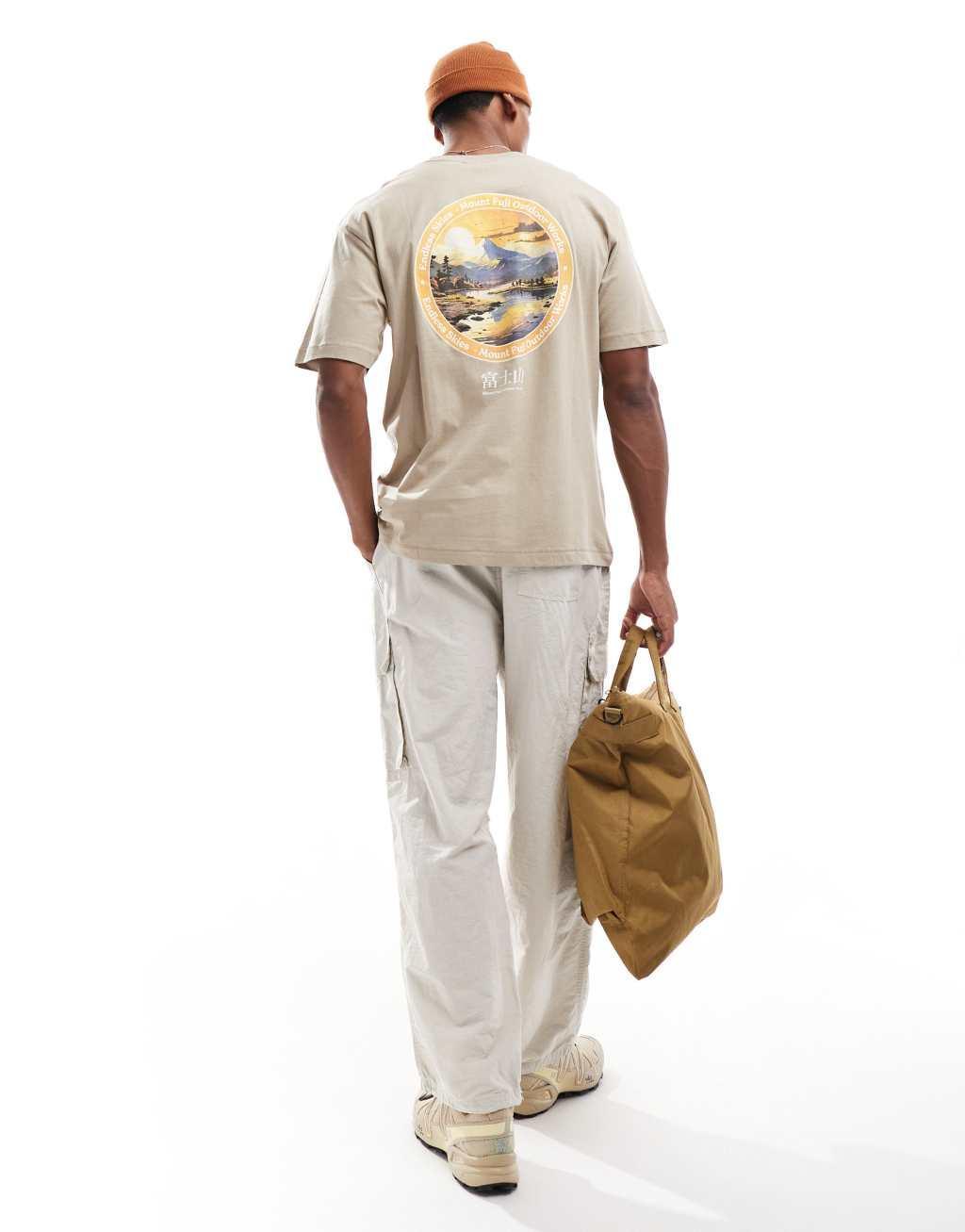 ONLY & SONS oversize t-shirt with Mount Fuji back print in beige Product Image