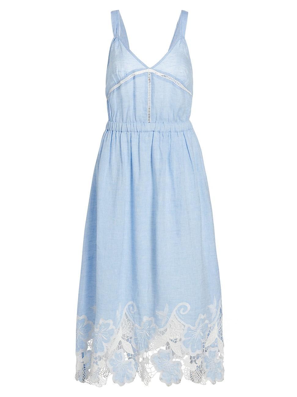 Womens Aubriella Linen Lace-Trimmed Midi-Dress Product Image