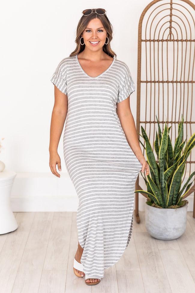 Set Yourself Free Grey/White Striped Maxi T-Shirt Dress Product Image