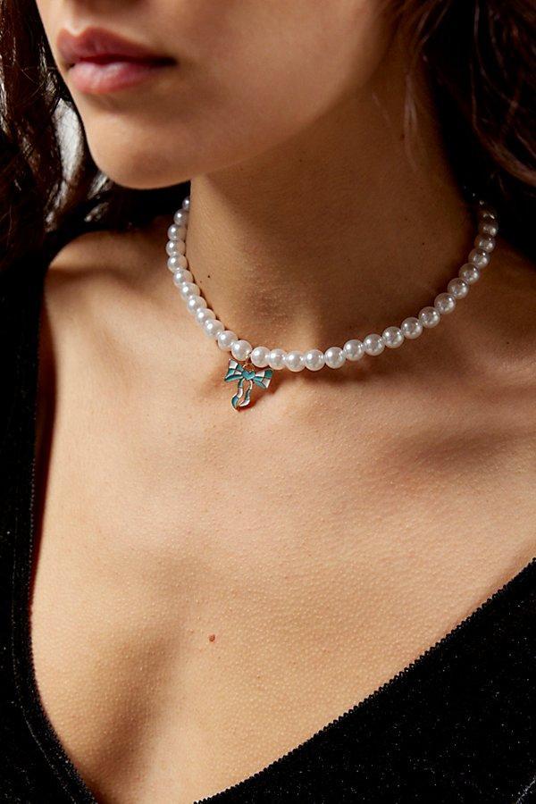 Enameled Bow Charm Pearl Necklace Womens at Urban Outfitters Product Image