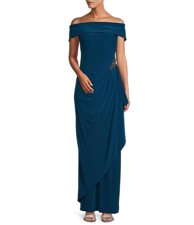 Alex Evenings Off-the-Shoulder Short Sleeve Stretch Matte Jersey Ruched Gown Product Image