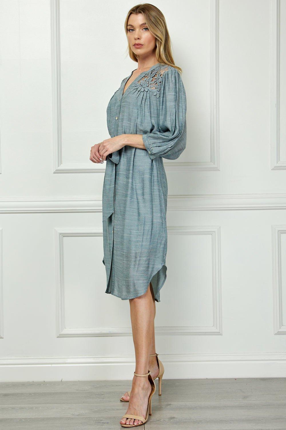 Button Front Yoke Neck Dress With Lace Shoulders Product Image