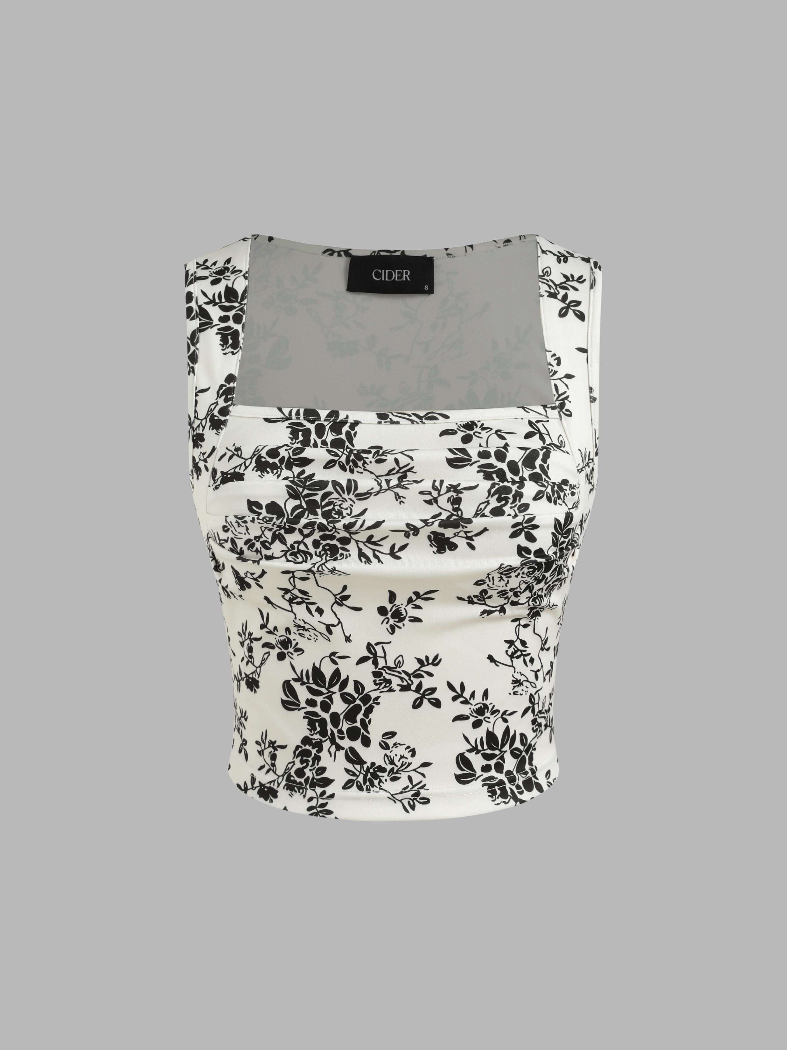 Floral Ruched Square Neck Crop Tank Top Product Image