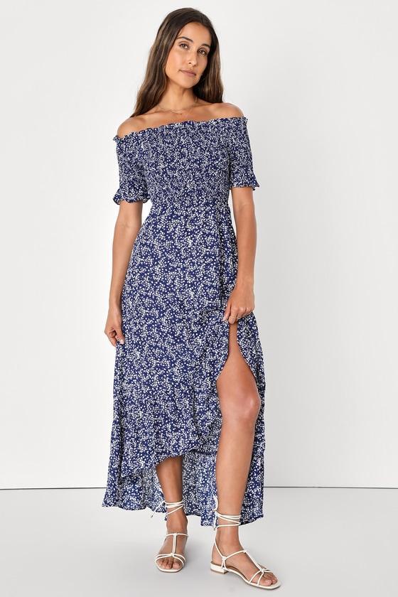 Fleur-tation Navy Blue Floral Print Off-the-Shoulder Midi Dress Product Image