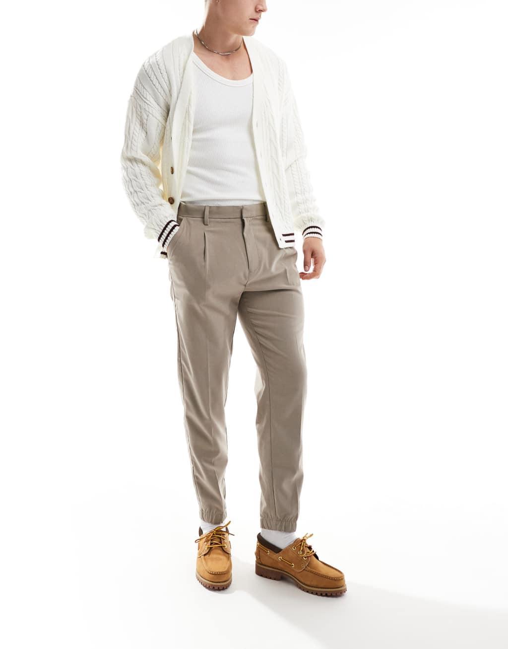 ASOS DESIGN tapered smart pants with sweatpants cuff in stone Product Image