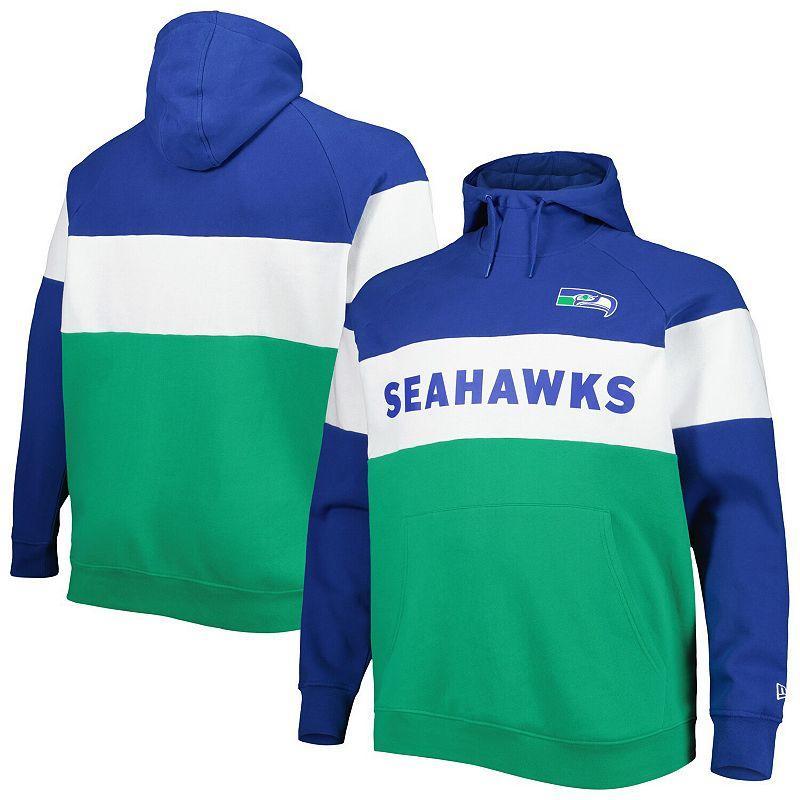 Mens New Era Royal Seattle Seahawks Big & Tall Throwback Colorblock Fleece Raglan Pullover Hoodie Product Image