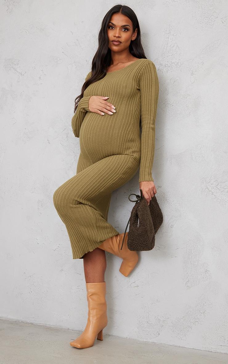 Maternity Khaki Knitted Midaxi Tie Back Bodycon Dress Product Image