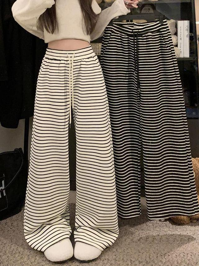 Drawstring Waist Striped Knit Wide Leg Pants Product Image