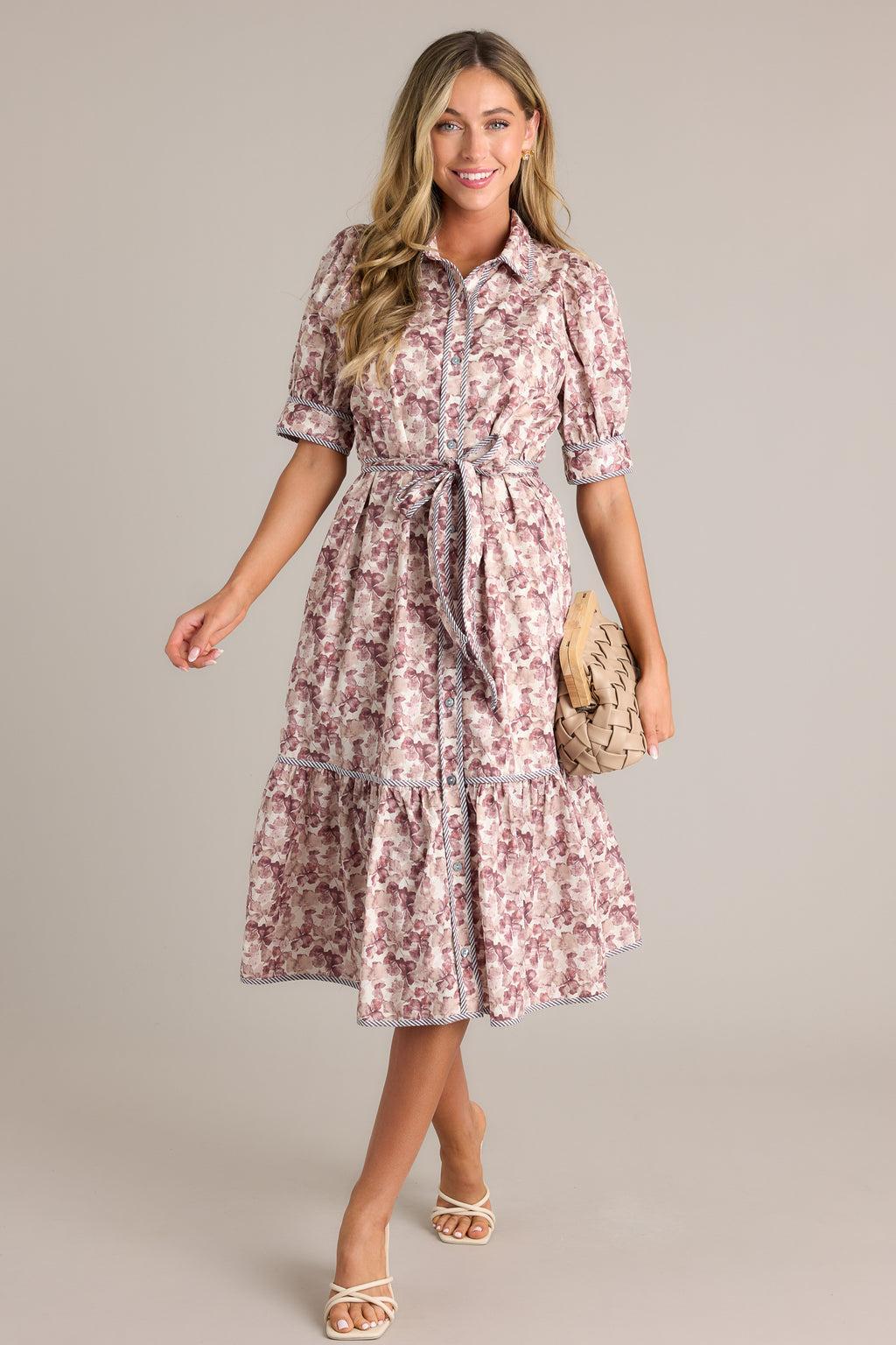 Midnight Mist 100% Cotton Brown Floral Midi Dress Product Image