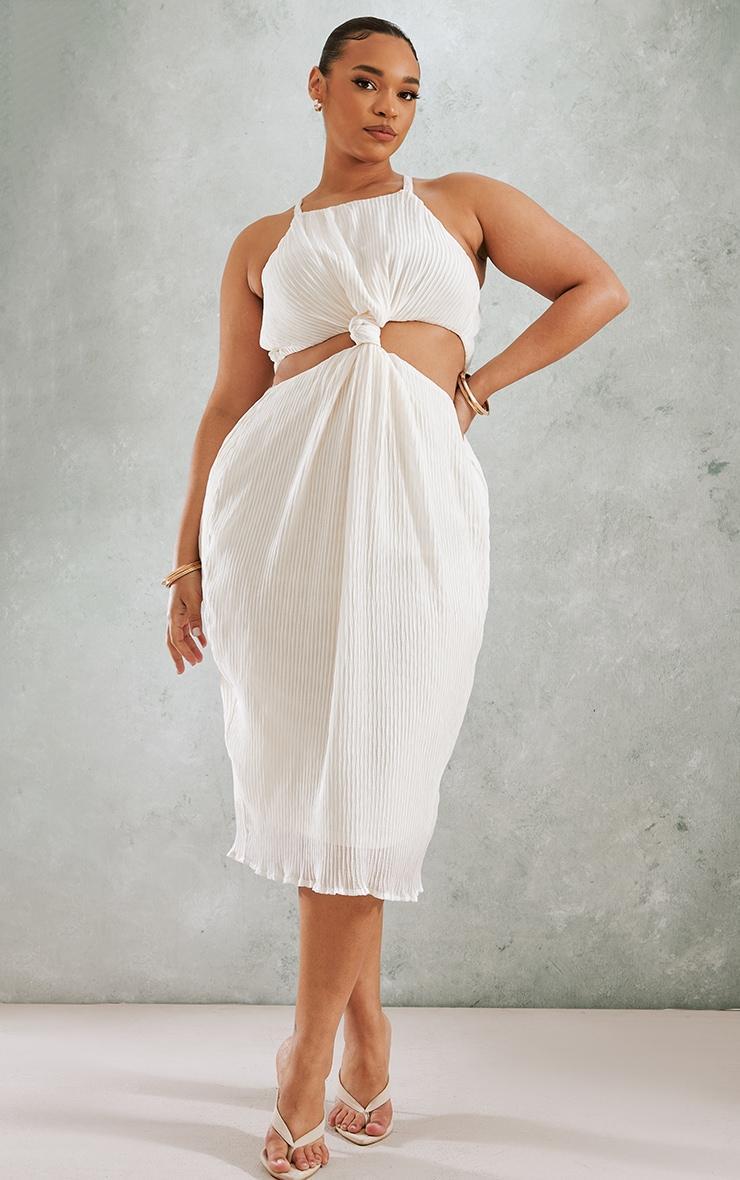 Plus Cream Plisse Knot Detail Midi Dress Product Image